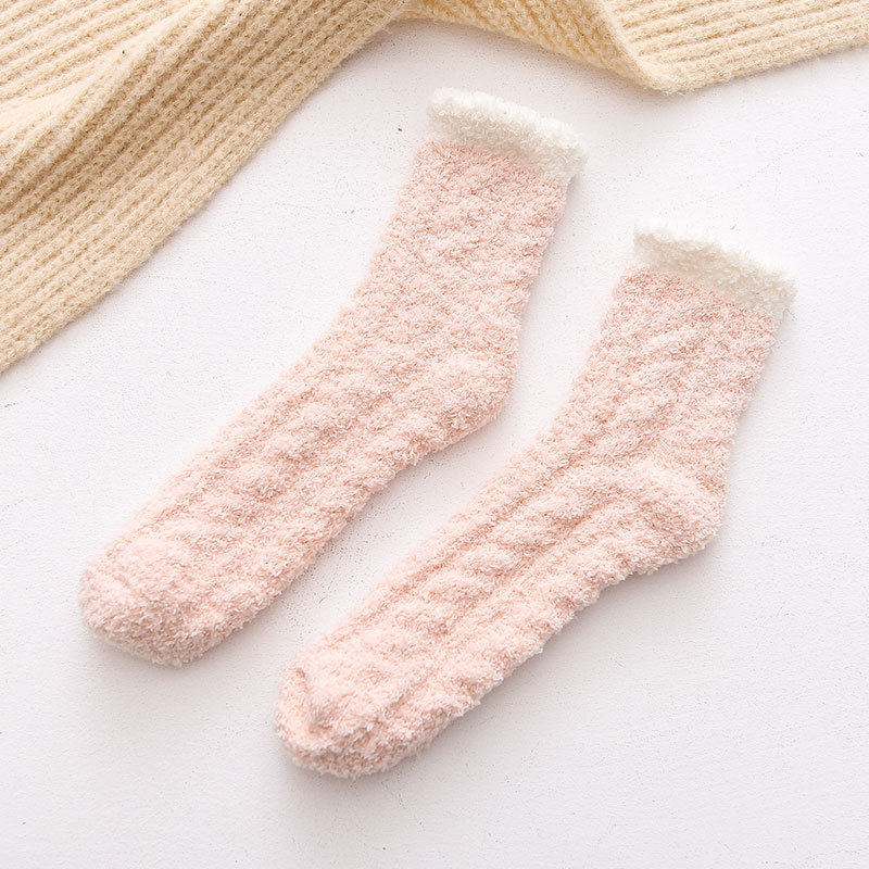 Solid Color Coral Fleece Sleep Twist Thick Warm Socks Crew Socks Female Home Floor Socks Fluffy Fuzzy Socks